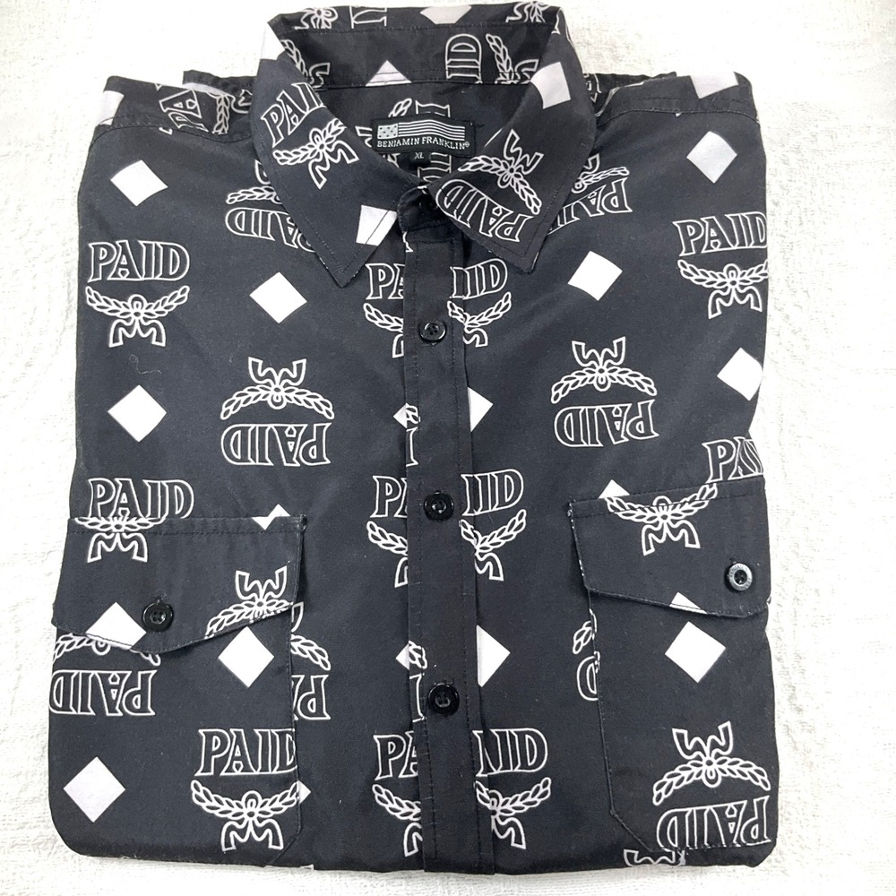 Benjamin Franklin PAID Shirt Men XL Black Button Up Streetwear All Over Print